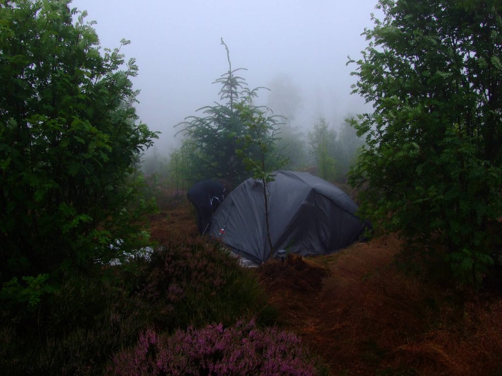 Nebel auf dem Zeltplatz in der Heide